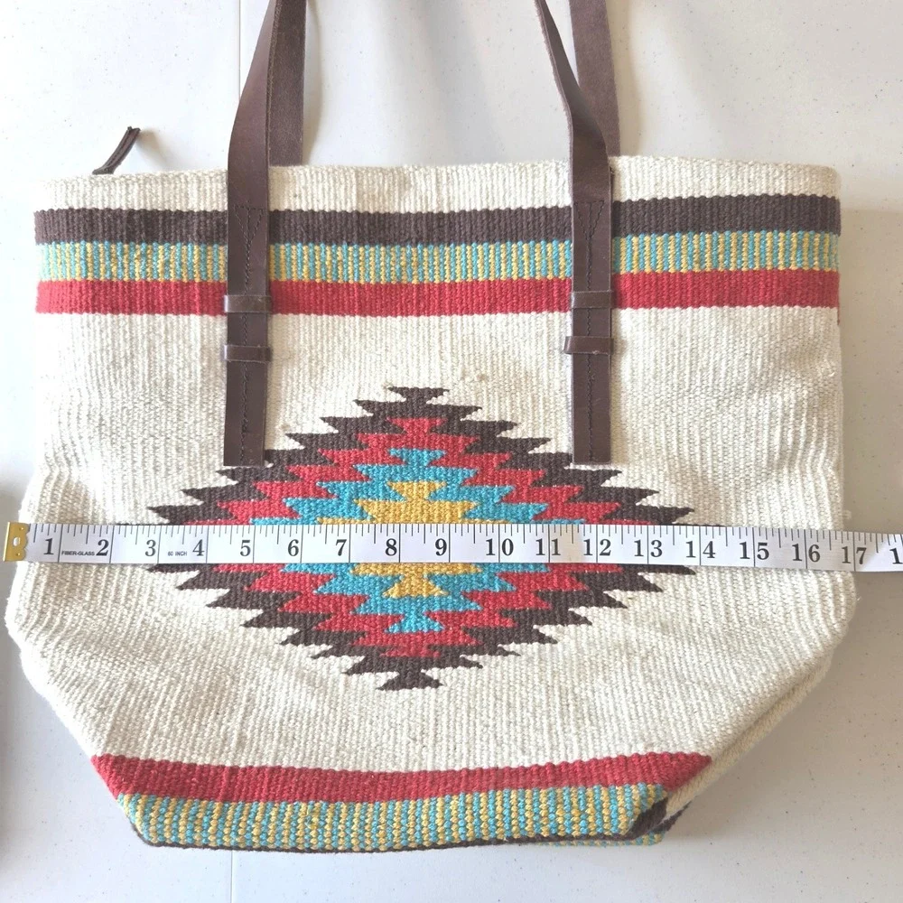 Prüne Woven Southwestern Geometric Tote Bag Cream Red Leather Straps Large